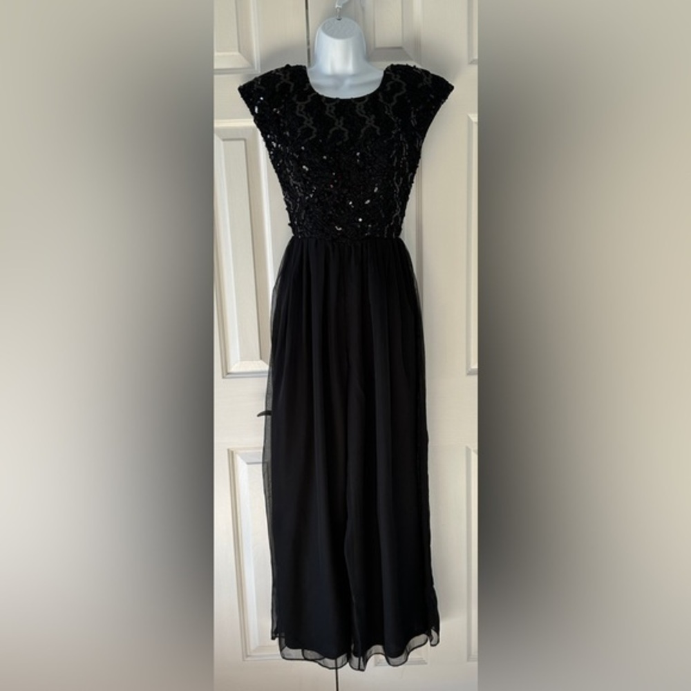 Bari Jay Black Sequin & Chiffon Wide-Leg Jumpsuit Low Back | Size S